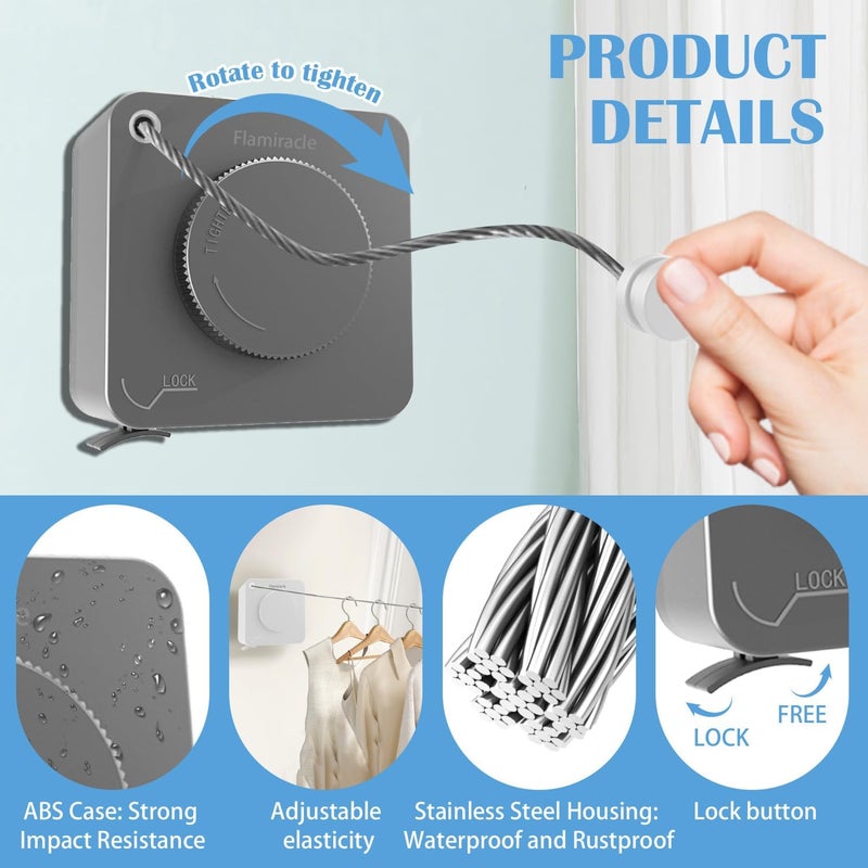 Flamiracle Retractable Clothesline Indoor, Non-Sagging Outdoor Clothes Line Retracting 15.7 Feet Heavy Duty Laundry Line Retractable Wall Mounted Clothes Line Outdoors (Square-Grey) - Image 3